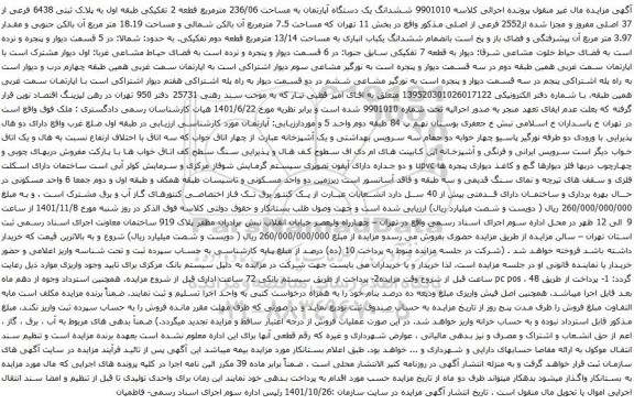 آگهی مزایده ششدانگ یک دستگاه آپارتمان به مساحت 236/06 مترمربع قطعه 2 تفکیکی طبقه اول به پلاک ثبتی 6438 فرعی از 37 اصلی