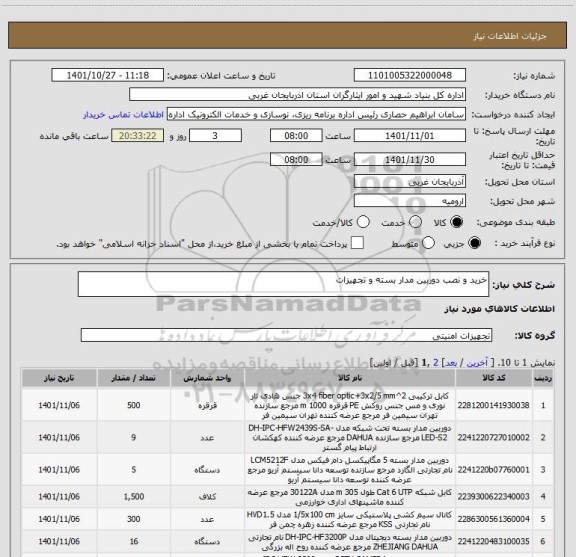 استعلام خرید و نصب دوربین مدار بسته و تجهیزات