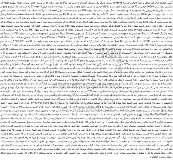 آگهی مزایده شش دانگ یک دستگاه آپارتمان به مساحت 112/03 متر مربع واقع در سمت جنوب شرقی طبقه چهارم قطعه 15 تفکیکی