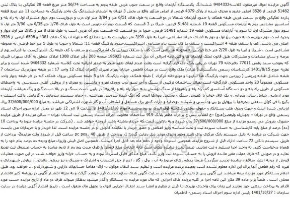 آگهی مزایده ششدانگ یکدستگاه آپارتمان واقع در سمت جنوب غربی طبقه پنجم به مساحت 56/74 متر مربع قطعه 20 تفکیکی