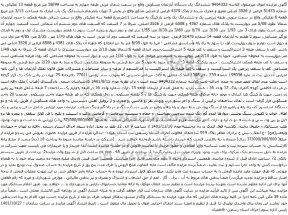 آگهی مزایده ششدانگ یک دستگاه آپارتمان مسکونی واقع در سمت شمال غربی طبقه چهارم به مساحت 58/99 متر مربع 