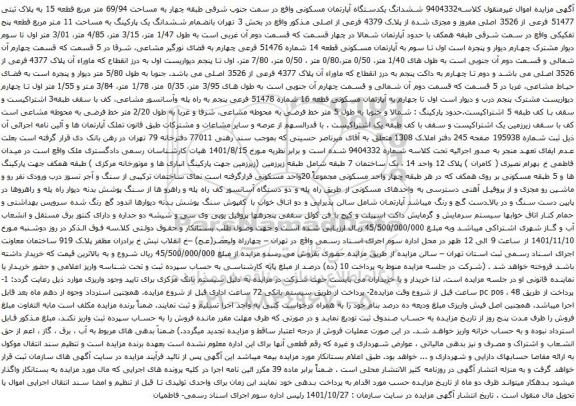 آگهی مزایده ششدانگ یکدستگاه آپارتمان مسکونی واقع در سمت جنوب شرقی طبقه چهار به مساحت 69/94 متر مربع قطعه 15 به پلاک ثبتی 51477 فرعی از 3526 اصلی