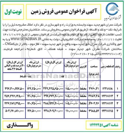 مزایده فروش زمین با کاربری مختلط