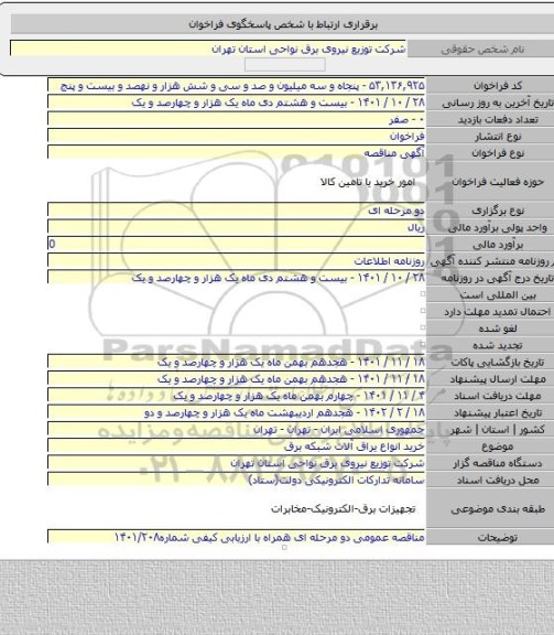 مناقصه, خرید انواع یراق آلات شبکه برق