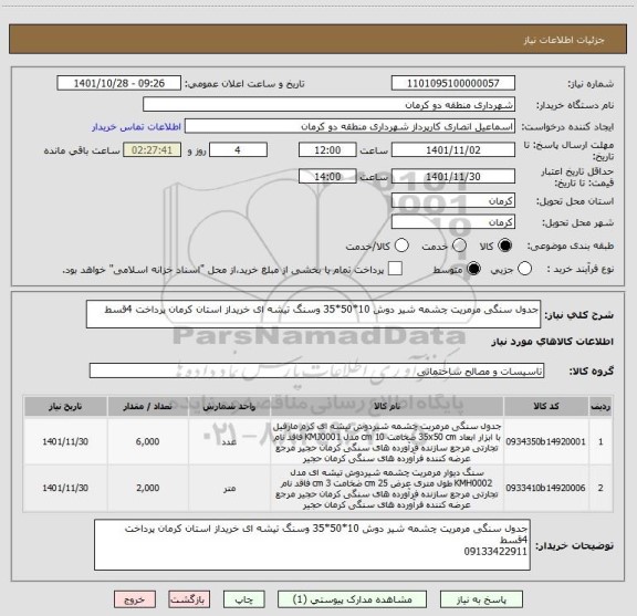 استعلام جدول سنگی مرمریت چشمه شیر دوش 10*50*35 وسنگ تیشه ای خریداز استان کرمان پرداخت 4قسط