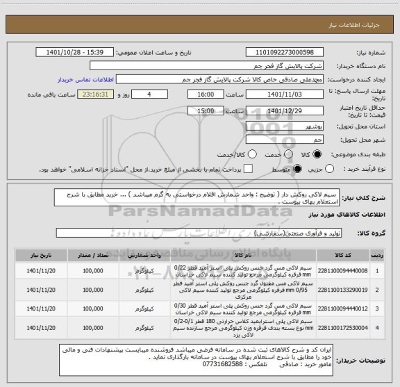 استعلام  سیم لاکی روکش دار ( توضیح : واحد شمارش اقلام درخواستی به گرم میباشد ) ... خرید مطابق با شرح استعلام بهای پیوست .