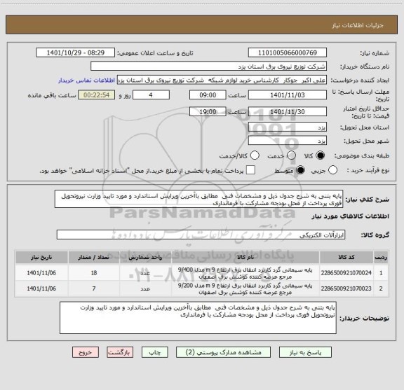 استعلام پایه بتنی به شرح جدول ذیل و مشخصات فنی  مطابق باآخرین ویرایش استاندارد و مورد تایید وزارت نیروتحویل فوری پرداخت از محل بودجه مشارکت با فرمانداری