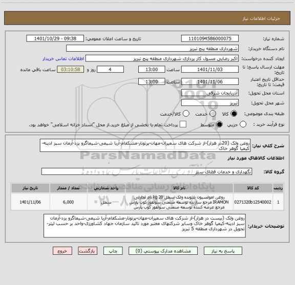 استعلام روغن ولک (20در هزار)-از شرکت های سمیران-مهان-پرتونار-مشکفام-آریا شیمی-شیماگرو یزد-آرمان سبز ادینه-کیمیا گوهر خاک