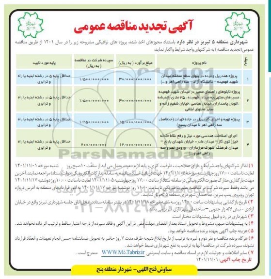 تجدید مناقصه پروژه هندریل و نرده در پلهای سطح منطقه ...