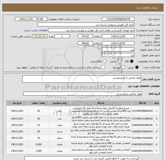 استعلام مواد غذایی از قبیل:پنیر و..