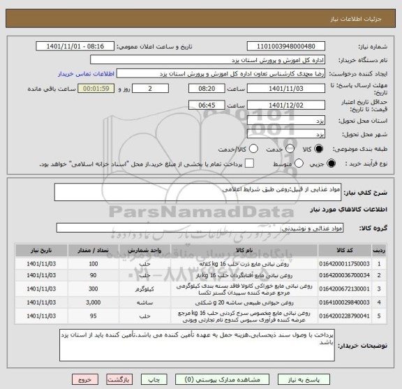 استعلام مواد غذایی از قبیل:روغن طبق شرایط اعلامی