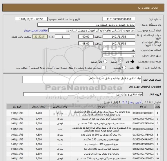 استعلام مواد غذایی از قبیل نوشابه و طبق شرایط اعلامی