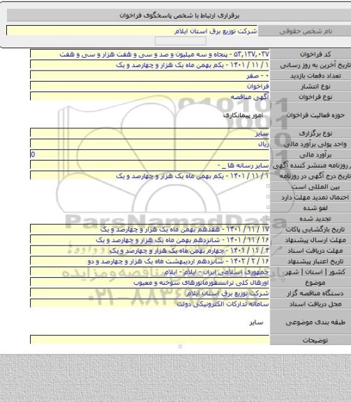 مناقصه, اورهال کلی ترانسفورماتورهای سوخته و معیوب