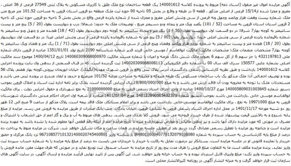 آگهی مزایده یک قطعه ساختمان نوع ملک طلق با کاربری مسکونی به پلاک ثبتی 27549 فرعی از 36 اصلی