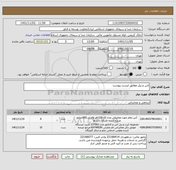 استعلام انتن و پنل مطابق لیست پیوست