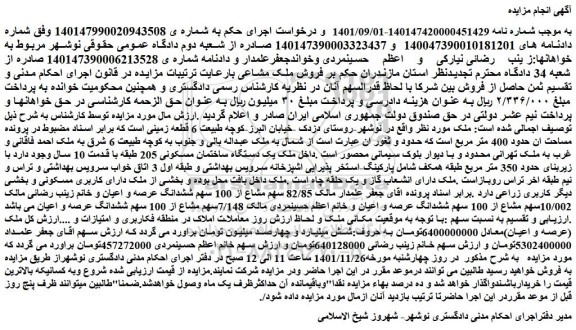 مزایده فروش  یک دستگاه ساختمان مسکونی 205 طبقه با قدمت 10 سال وجود 