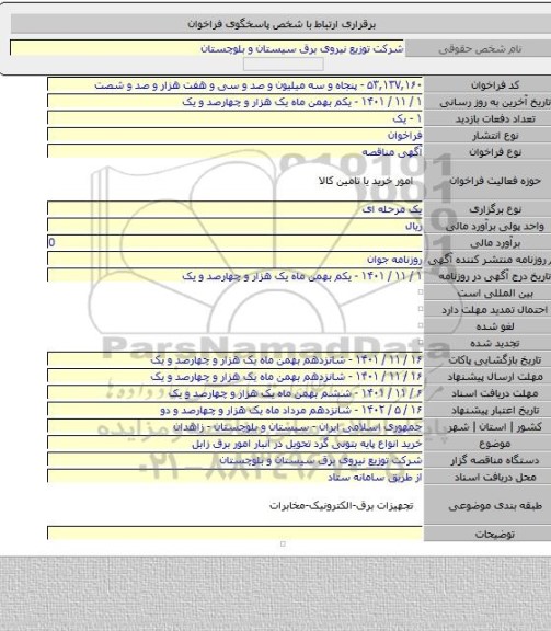 مناقصه, خرید انواع پایه بتونی گرد تحویل در انبار امور برق زابل