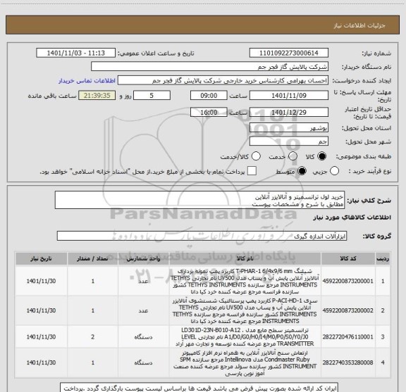 استعلام خرید لول ترانسمیتر و آنالایزر آنلاین 
مطابق با شرح و مشخصات پیوست