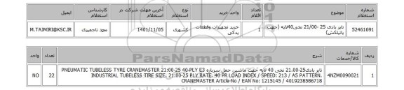 استعلام، تایر بادی 25 -21/00 نخی40لایه (جهت پاتیلکش)