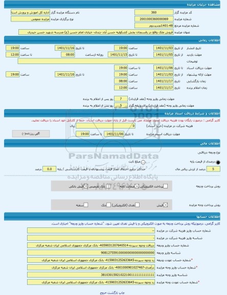 مزایده ، فروش ملک واقع در رفسنجان بخش کشکوئیه حسن آباد -زندی- خیابان امام حسن (ع) مدرسه شهید حسن حیدری -مزایده زمین و مستحدثات