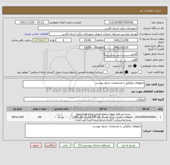 استعلام تابلوهای ترافیکی با مشخصات جدول پیوست