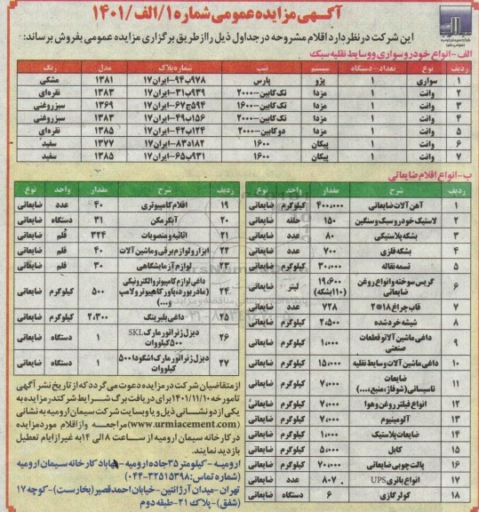 مزایده فروش انواع خودرو سواری و وسایط نقلیه سبک...