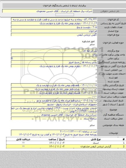 مناقصه, خدمات نظارتی پروژه احداث پست ۱۳۲/۲۰ کیلوولت ماشین ابزار و توسعه یک بی خط در پست ۴۰۰/۱۳۲/۲۰ توس