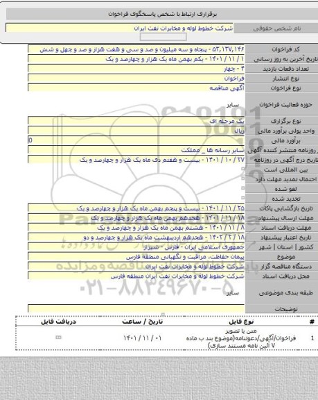 مناقصه, پیمان حفاظت، مراقبت و نگهبانی منطقه فارس