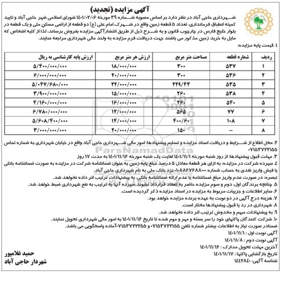 تجدید مزایده فروش 8 قطعه زمین ... نوبت دوم