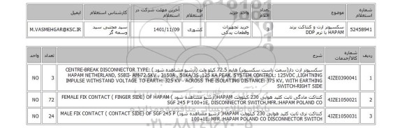 استعلام، سکسیونر ارت و کنتاکت برند HAPAM با ترم DDP