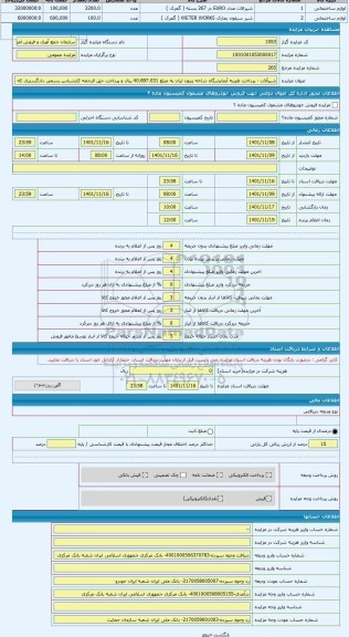 مزایده ، شیرآلات - پرداخت هزینه آزمایشگاه شاخه زیتون لیان به مبلغ 40.897.031 ریال و پرداخت حق الزحمه کارشناس رسمی دادگستری که می