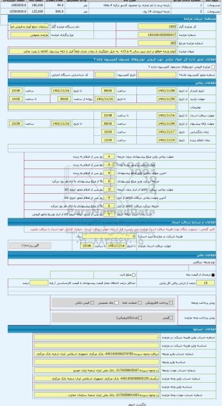 مزایده ، انواع پارچه «واقع در انبار تبریز سالن 4 ط 13»  به دلیل جلوگیری از تبعات بعدی لطفاً قبل از ارائه پیشنهاد کالاها را رویت