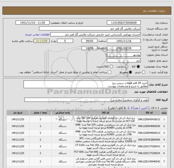 استعلام خرید 24 قلم قطعات سینی برج 
مطابق با شرح و مشخصات پیوست