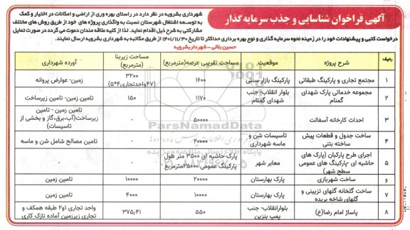 فراخوان مزایده و مناقصه شناسایی و جذب سرمایه گذار 