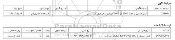 استعلام الکترونیکی، مش استیل با ابعاد 1000 در 2000 میلیمتر سایز میل گرد 3 میل