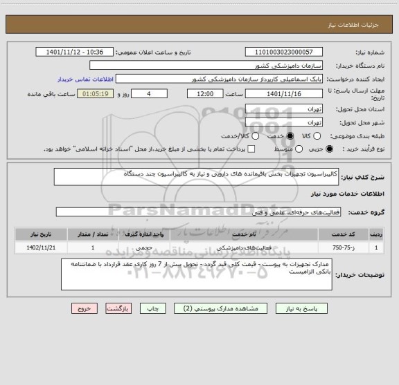 استعلام کالیبراسیون تجهیزات بخش باقیمانده های دارویی و نیاز به کالیبراسیون چند دستگاه