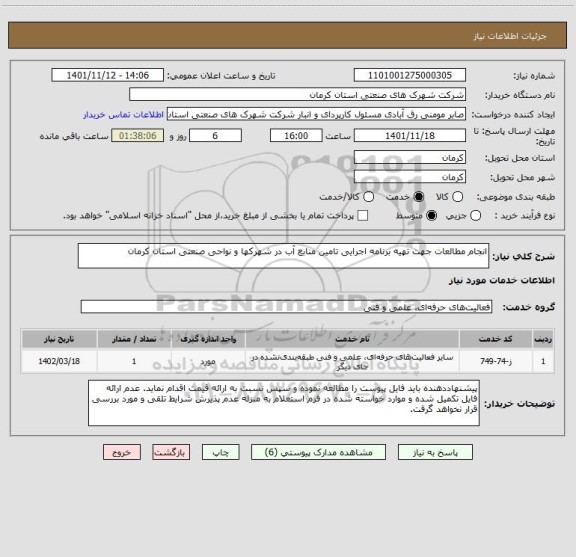 استعلام انجام مطالعات جهت تهیه برنامه اجرایی تامین منابع آب در شهرکها و نواحی صنعتی استان کرمان