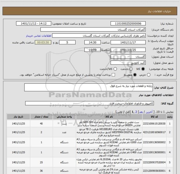 استعلام رایانه و قطعات مورد نیاز به شرح فوق