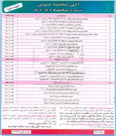 مناقصه عمومی عملیات فورج و ماشینکاری قطعات ...- نوبت دوم 