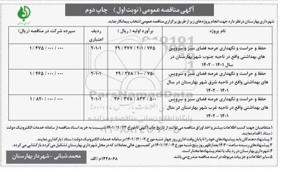 مناقصه حفظ و حراست و نگهداری عرصه فضای سبز و سرویس های بهداشتی 