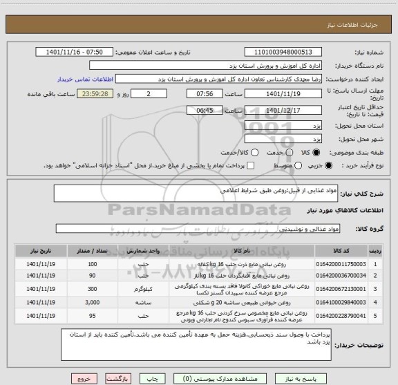 استعلام مواد غذایی از قبیل:روغن طبق شرایط اعلامی