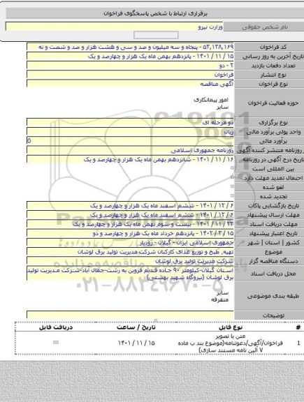 مناقصه, تهیه٬ طبخ و توزیع غذای کارکنان شرکت مدیریت تولید برق لوشان