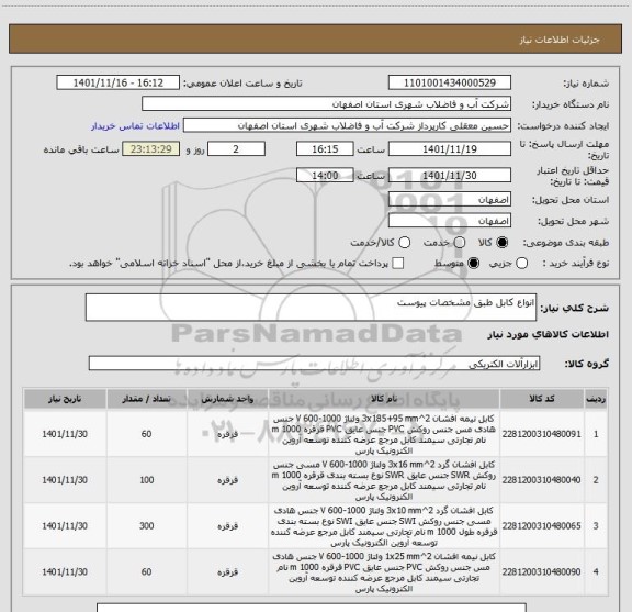 استعلام انواع کابل طبق مشخصات پیوست