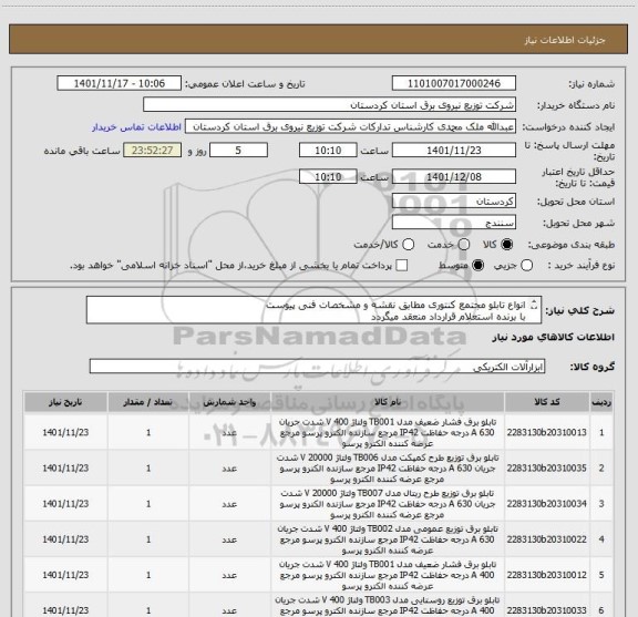 استعلام انواع تابلو مجتمع کنتوری مطابق نقشه و مشخصات فنی پیوست
با برنده استعلام قرارداد منعقد میگردد
مدت تحویل کالا حداکثر یکماه