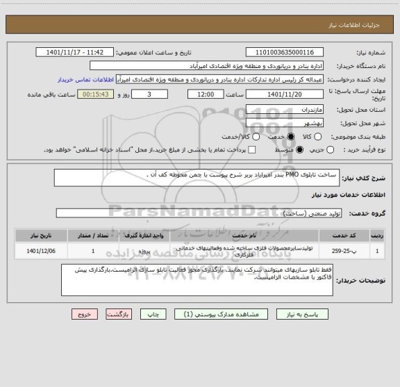 استعلام  ساخت تابلوی PMO بندر امیراباد بربر شرح پیوست با چمن محوطه کف آن .