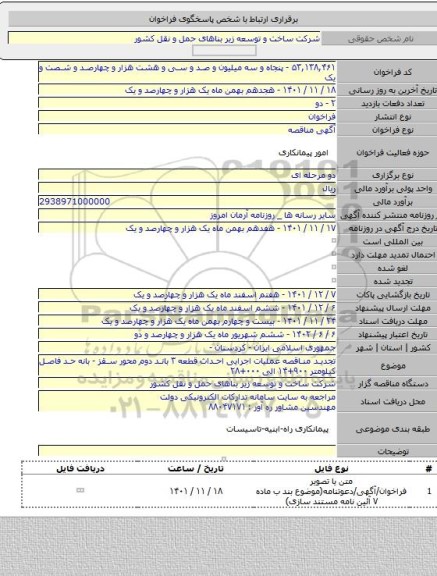 مناقصه, تجدید مناقصه عملیات اجرایی احداث قطعه ۳ باند دوم محور سقز - بانه حد فاصل کیلومتر ۹۰۰+۱۴ الی ۰۰۰+۲۸