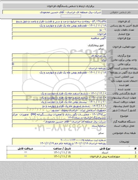 مناقصه, س/۱۴۰۱/۳۷ - عملیات نگهداری و تعمیرات پیشگیرانه (PM) تجهیزات مرکز دیسپاچینگ خراسان در سال ۱۴۰۲
