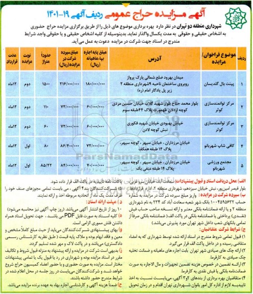 مزایده حراج عمومی پینت بال گلدیسان، مرکز توانمندسازی، کافی شاپ و مجتمع ورزشی