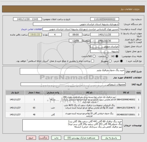 استعلام خرید رنگ جدول وترافیک وتینر