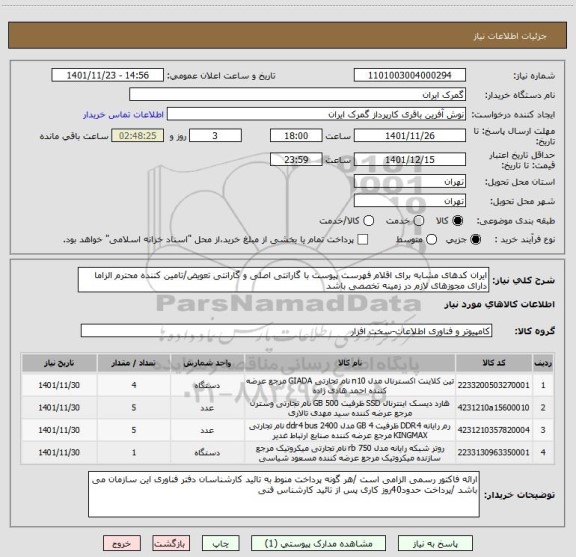 استعلام ایران کدهای مشابه برای اقلام فهرست پیوست با گارانتی اصلی و گارانتی تعویض/تامین کننده محترم الزاما دارای مجوزهای لازم در زمینه تخصصی باشد